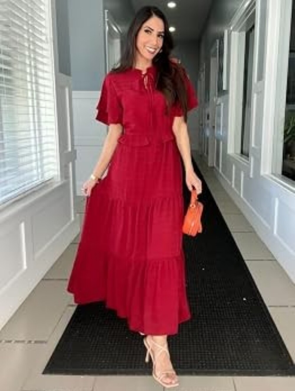 Women’s Crimson Maxi Dress with Ruffle Bodice